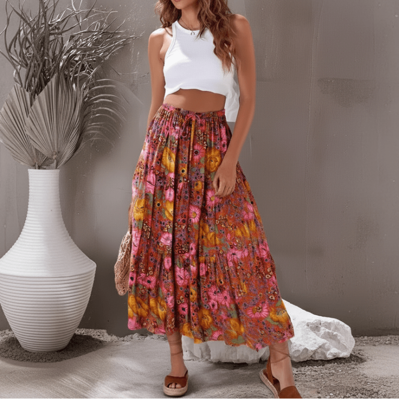 Ella | Vintage Red Floral Maxi Skirt