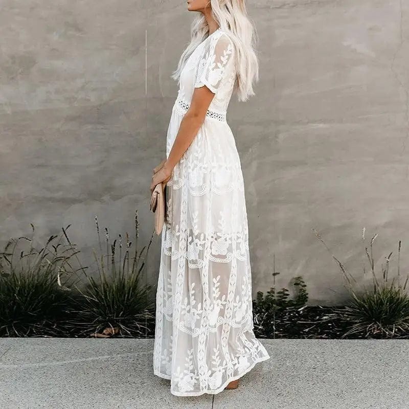 Natalie | Lace Sleeve White Maxi Dress