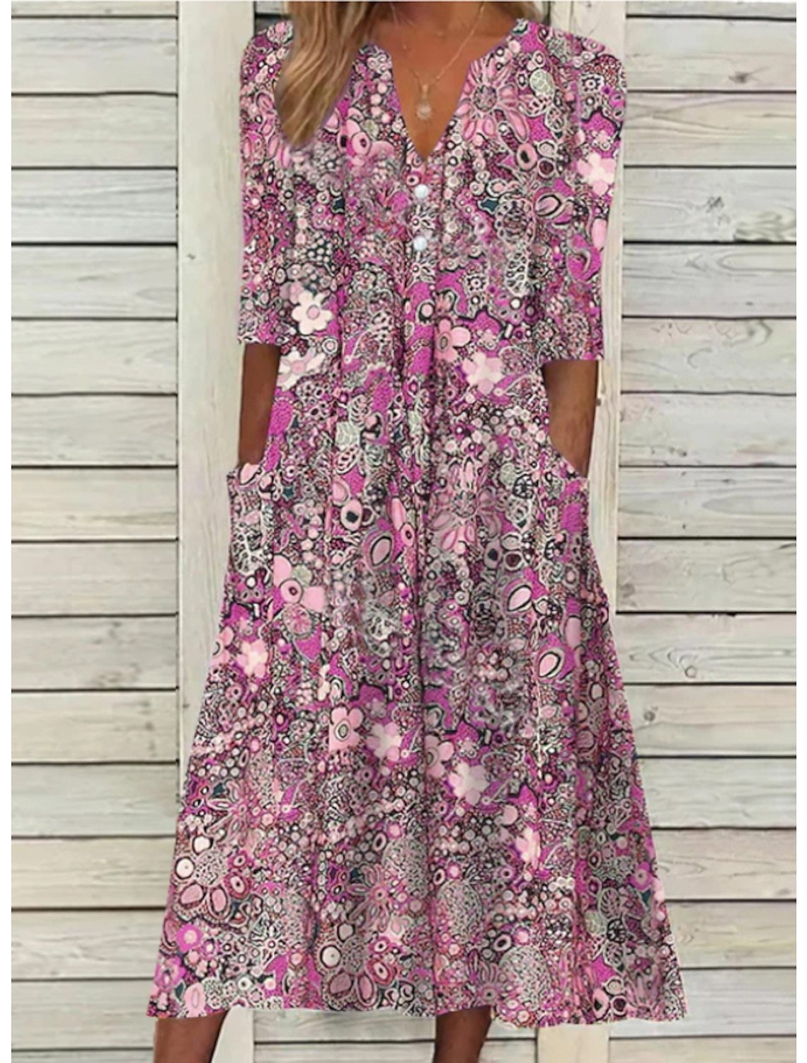 Women's V Neck Midi Dress – Pink