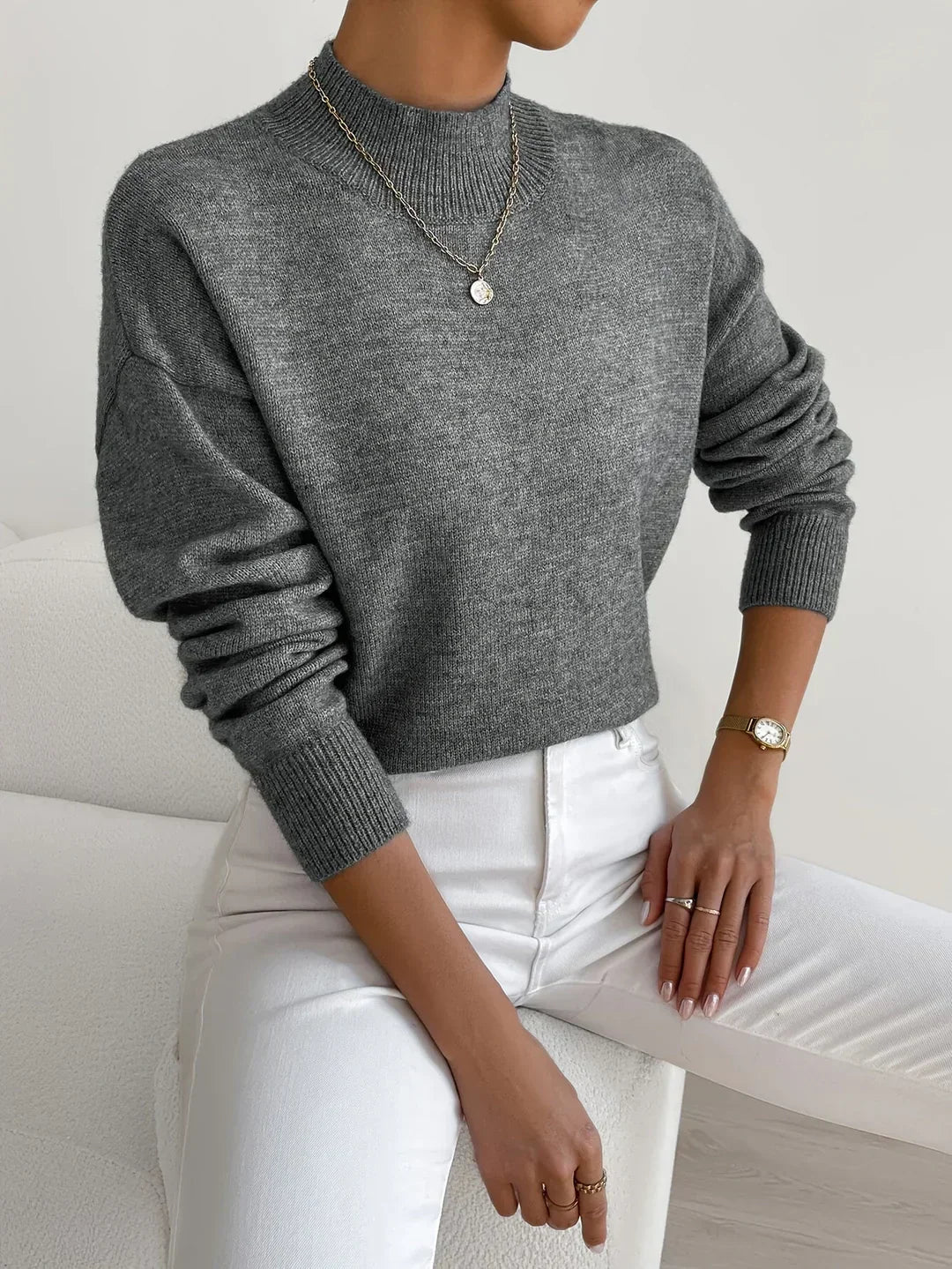 Women's Mock Neck Long Sleeve Sweater – Dark Grey