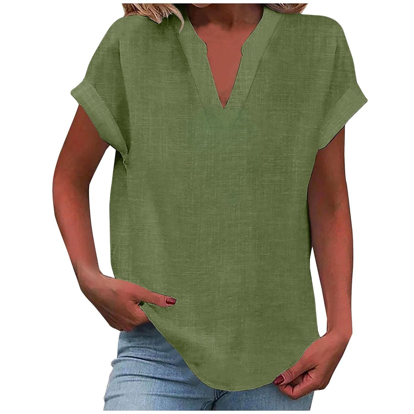 Women's V Neck Short Sleeve Blouse – Army Green
