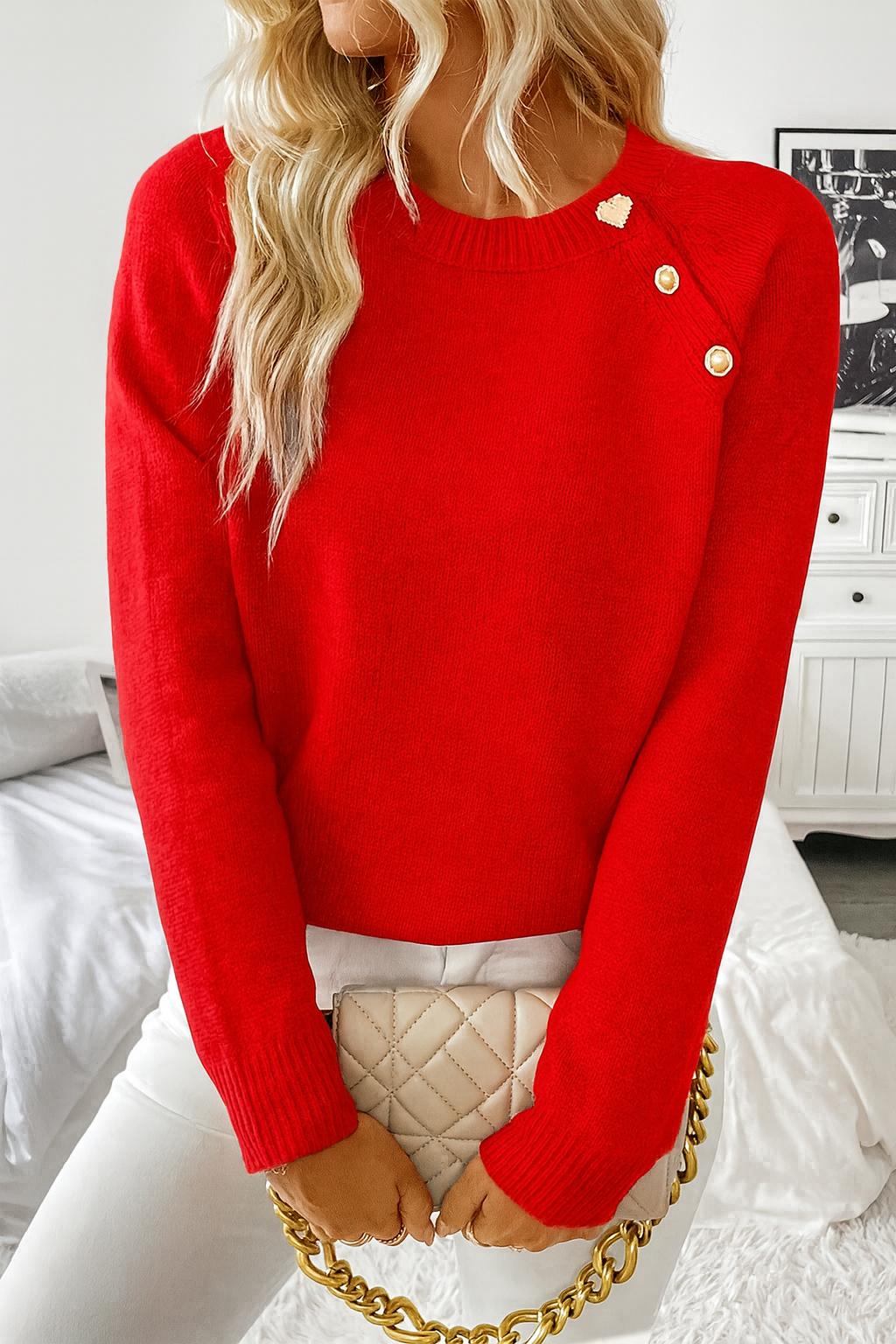Women's Round Neck Long Sleeve Sweater – Red