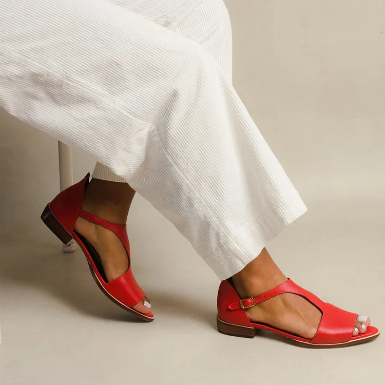 Women's Ankle Strap Flat Sandals – Red