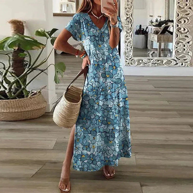 Women's V Neck Maxi Dress – Blue