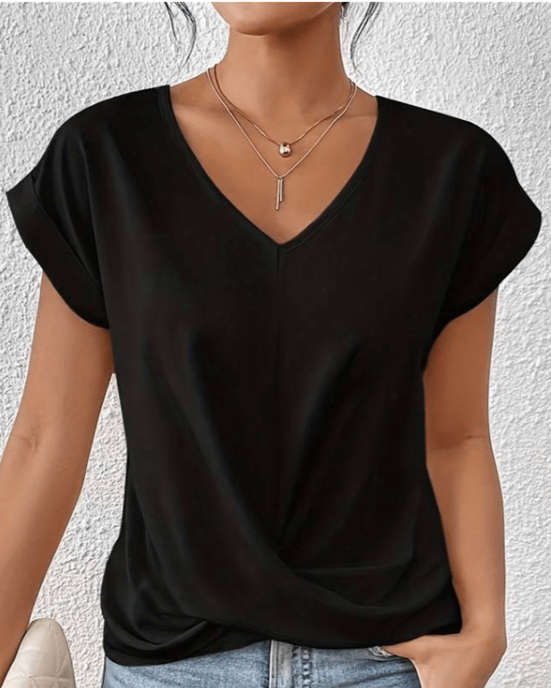 Women's V Neck Short Sleeve Blouse – Black