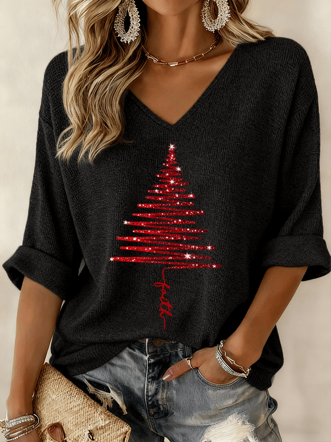 Women's V Neck Long Sleeve Blouse – Black