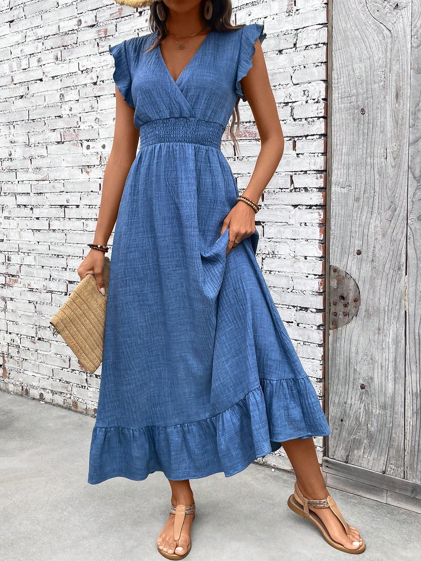 Women's V Neck Maxi Dress – Blue