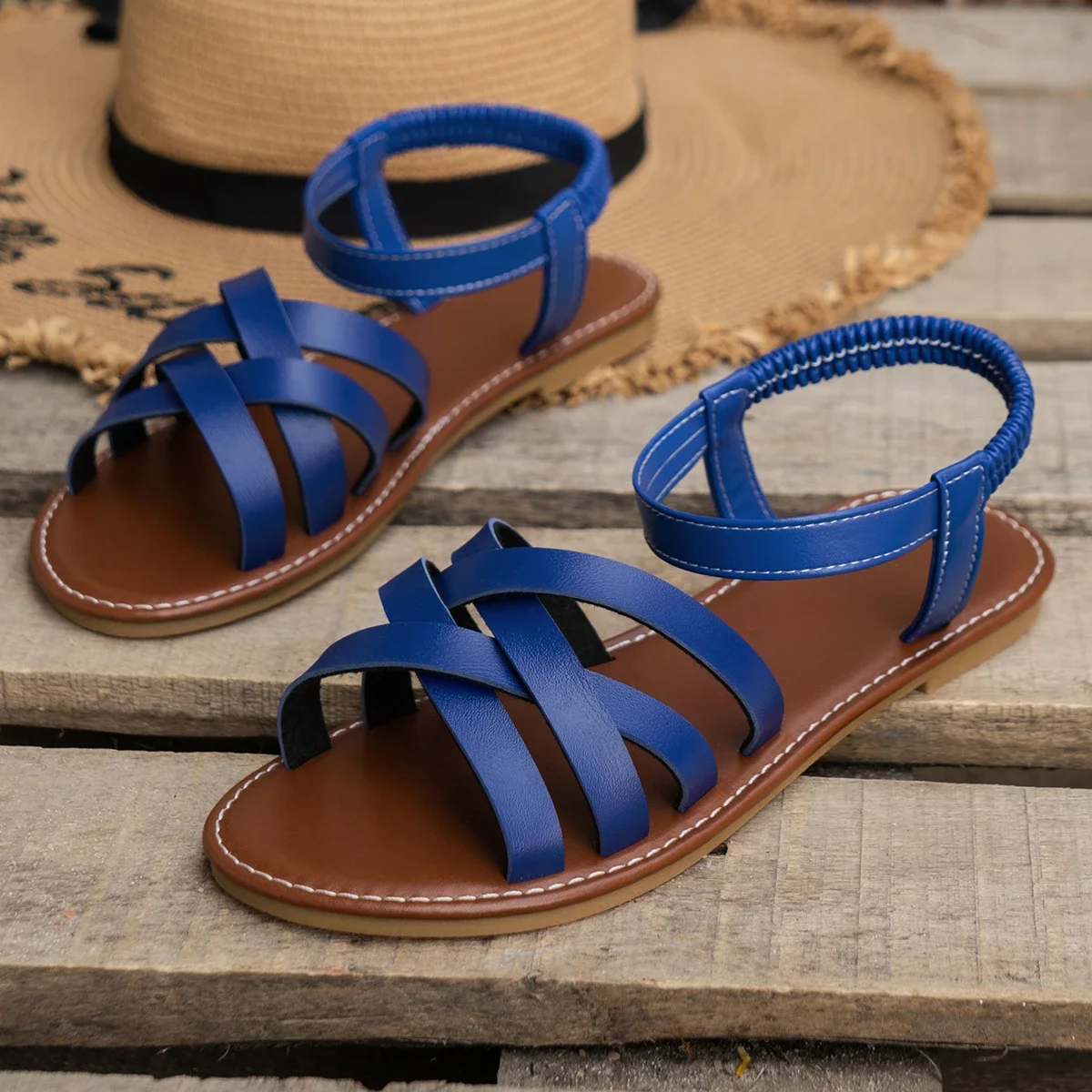 Women's Strappy Flat Sandals – Blue