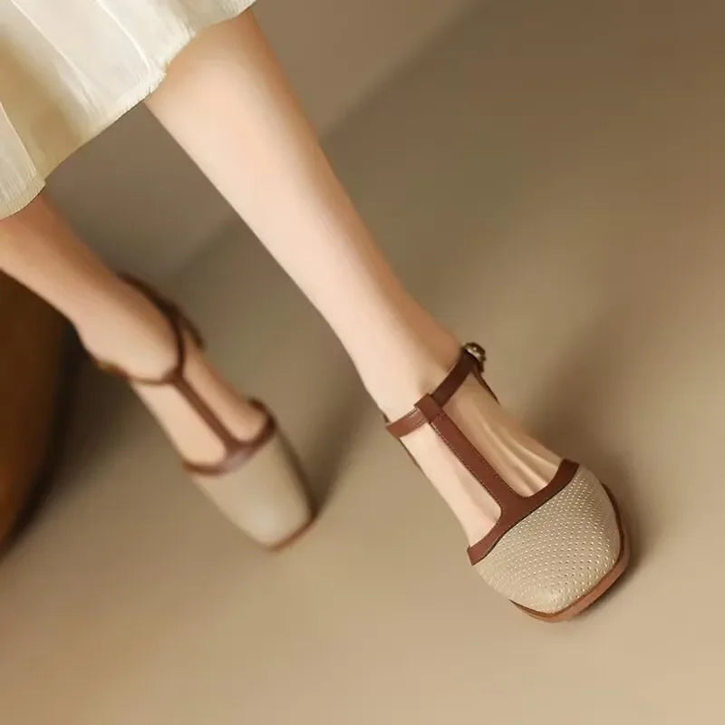 Women's Block Heel T-Strap Heels – Beige