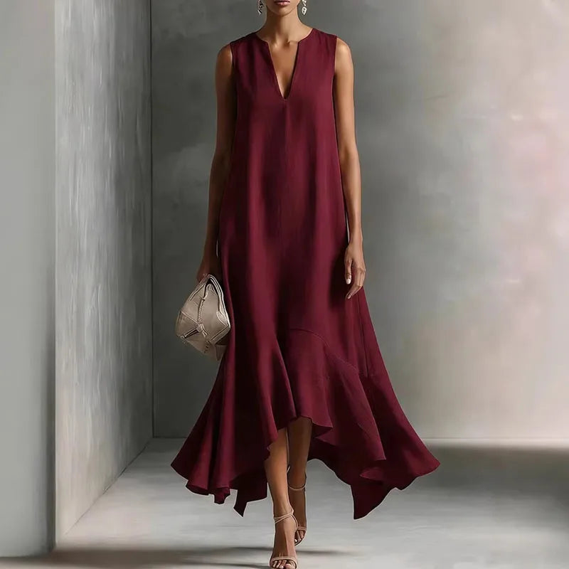 Women's V Neck Midi Dress – Burgundy