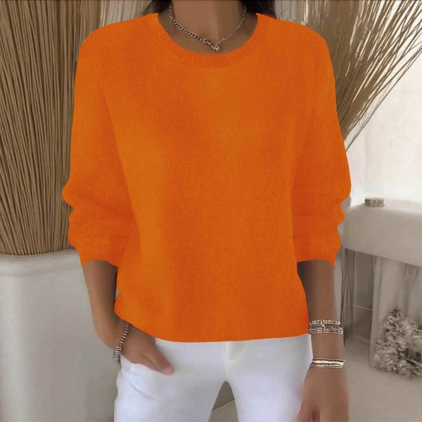 Women's Round Neck Long Sleeve Pullover – Orange