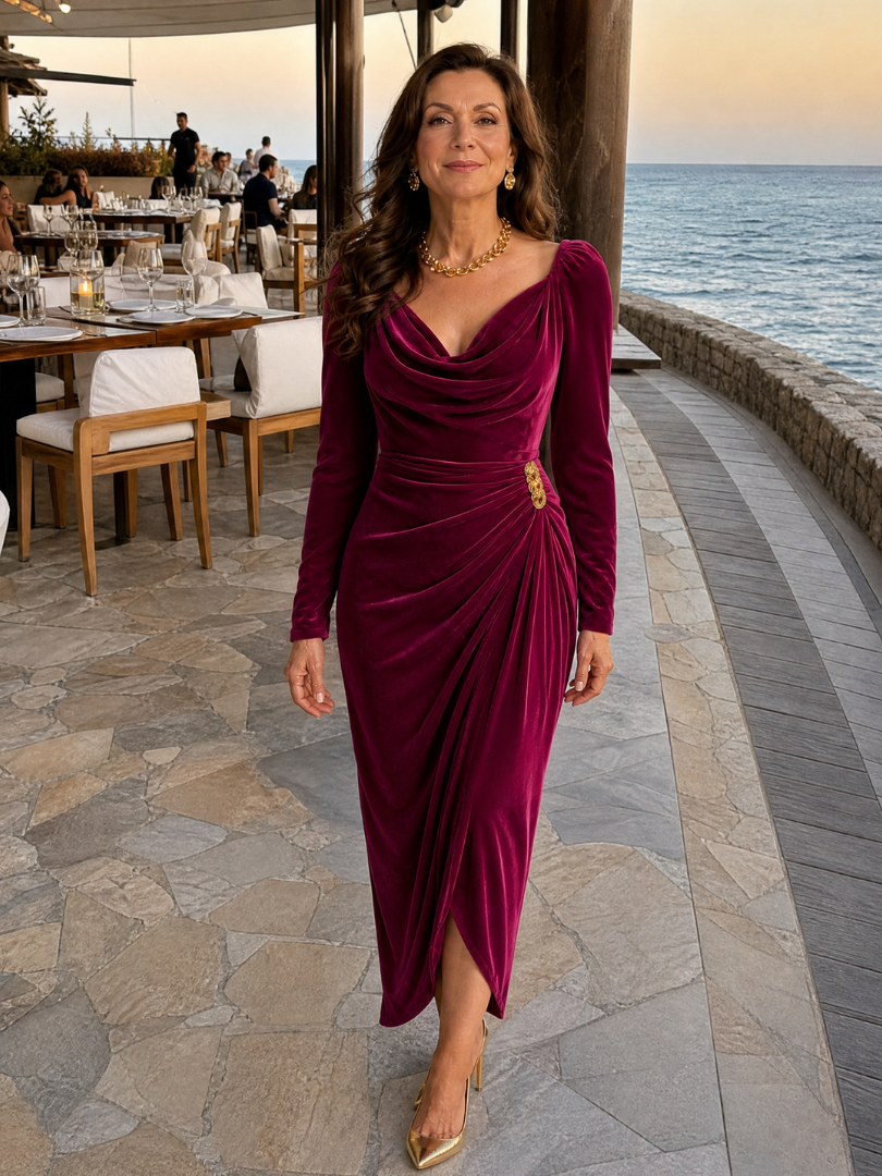 Women's Cowl Neck Cocktail Midi Dress