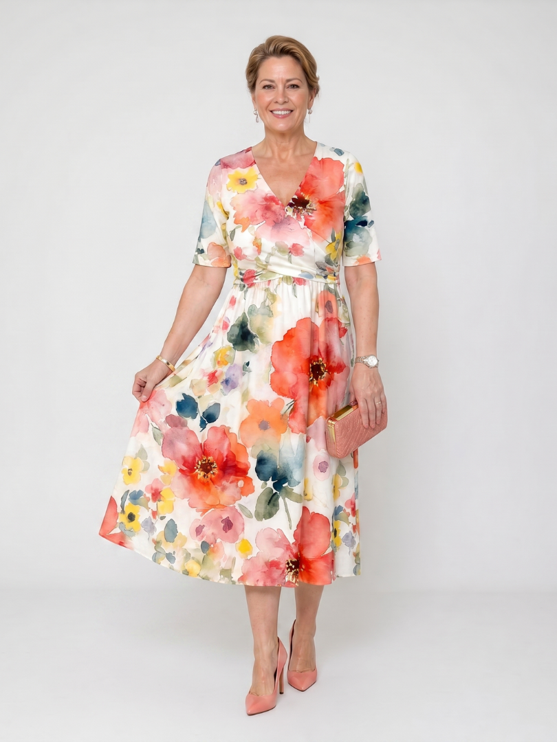Women's V Neck Midi Dress – Floral