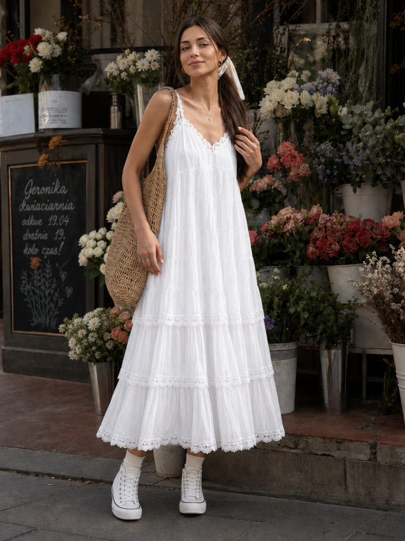 Women's Tiered Midi Dress – White