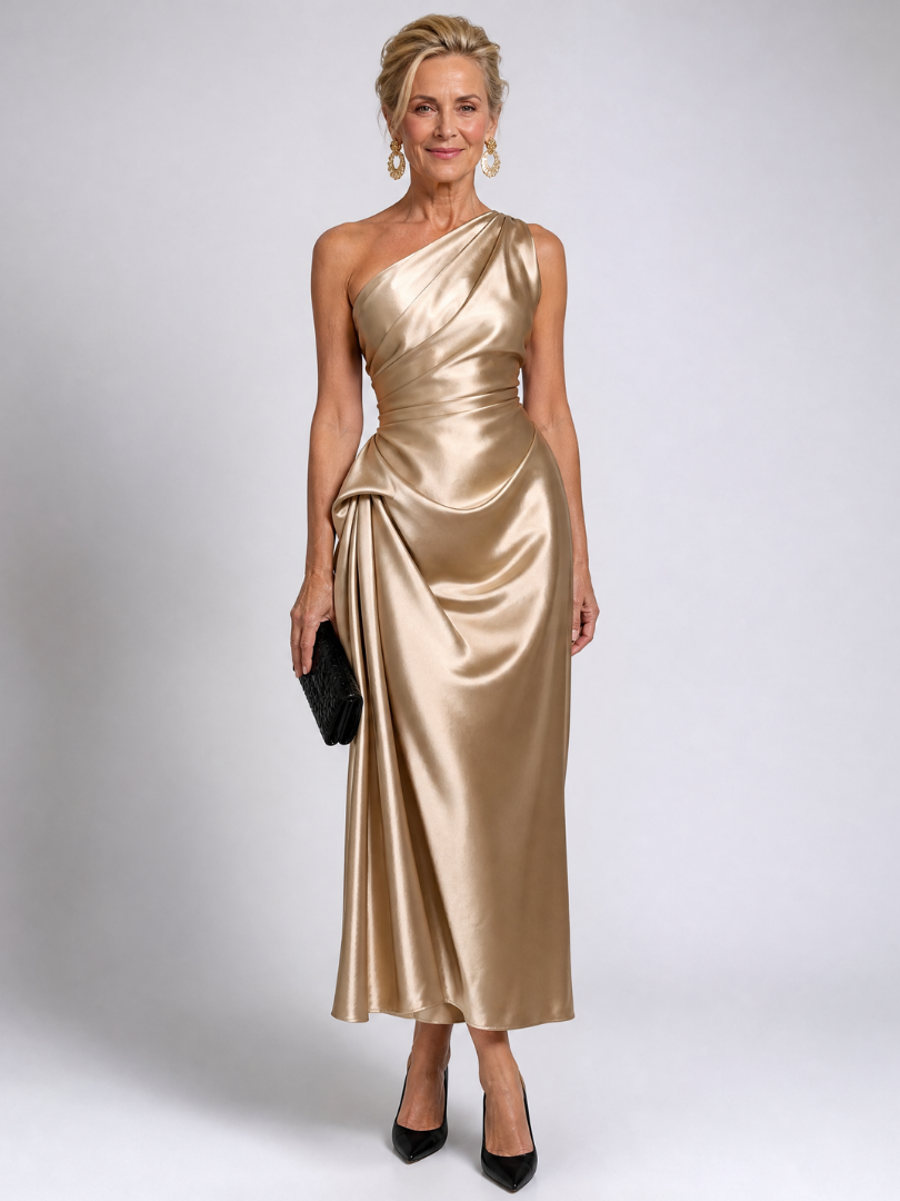 Women's One Shoulder Cocktail Midi Dress – Gold
