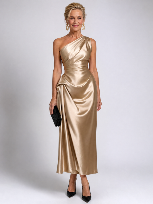 Women's One Shoulder Cocktail Midi Dress – Gold