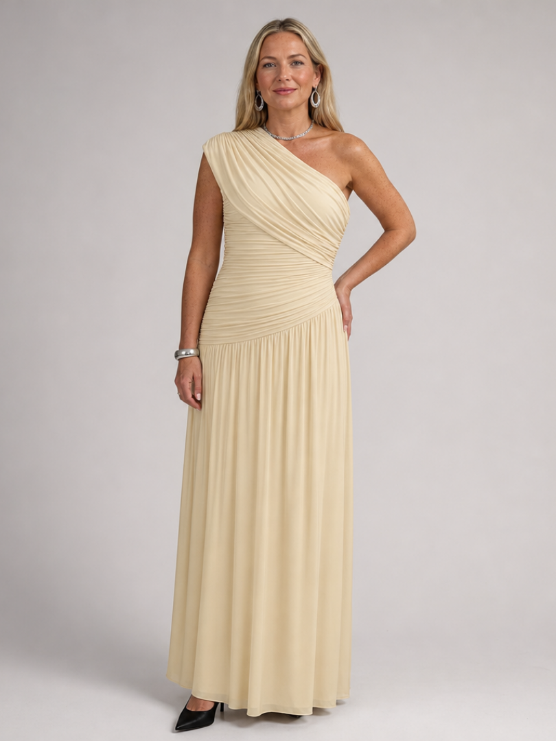Women's One Shoulder Formal Maxi Dress – Beige
