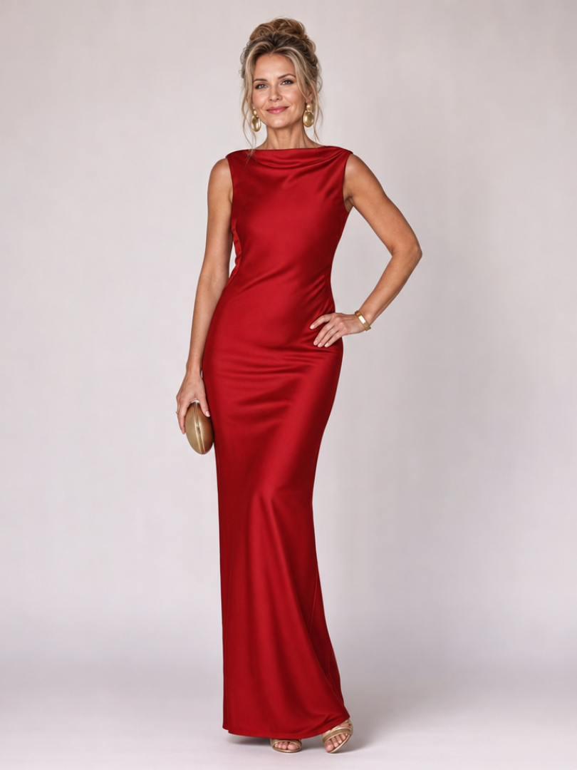 Women's Boat Neck Formal Maxi Dress – Red
