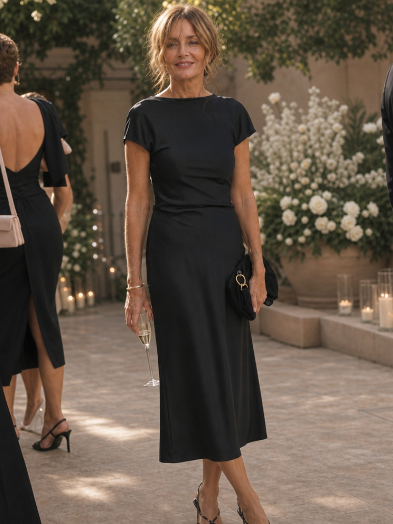 Women's Boat Neck Wedding Guest Midi Dress – Black