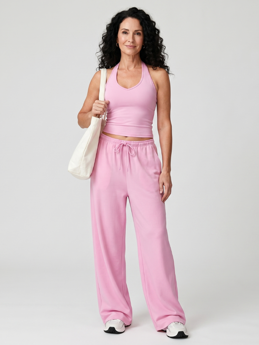 Women's Scoop Neck Sleeveless Summer Pants Set – Pink