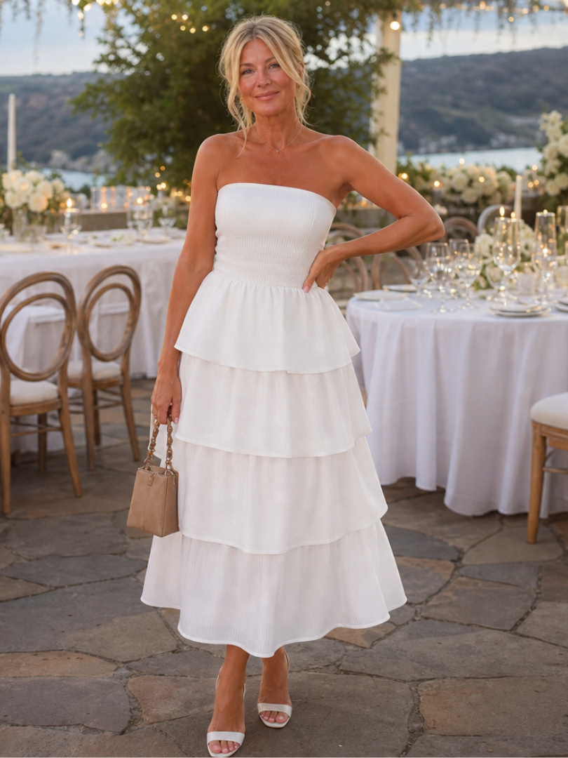 Women's Strapless Wedding Guest Midi Dress – White
