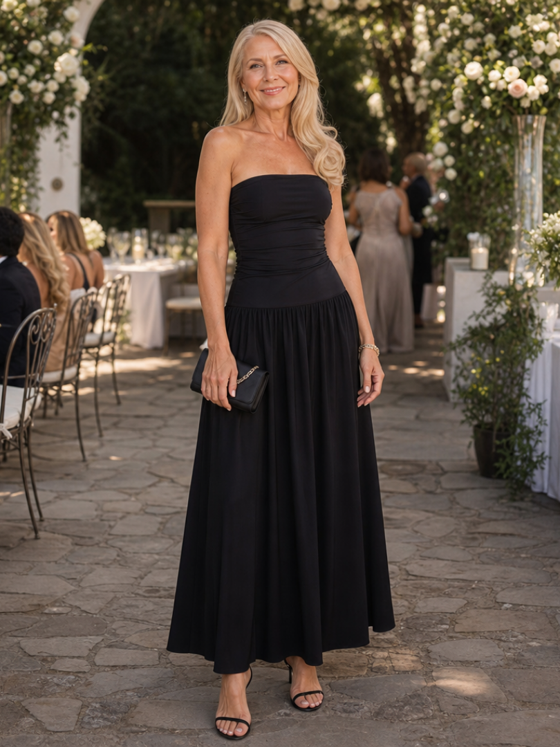 Women's Strapless Wedding Guest Midi Dress – Black
