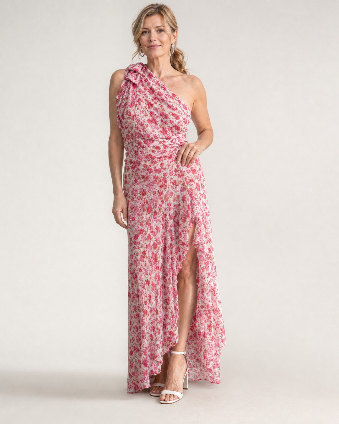 Women's One Shoulder Wedding Guest Midi Dress – Pink