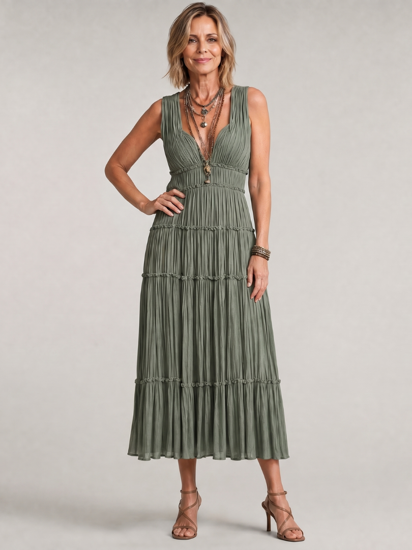 Women's V Neck Midi Dress – Green
