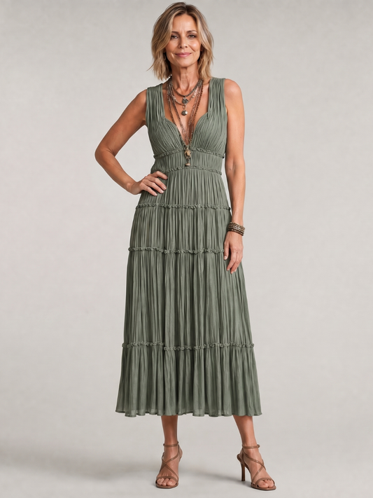 Women's V Neck Midi Dress – Green
