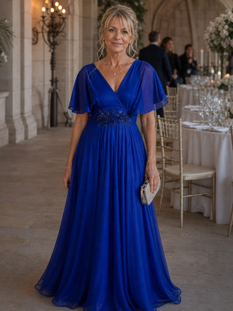 Women's V Neck Wedding Guest Maxi Dress – Blue