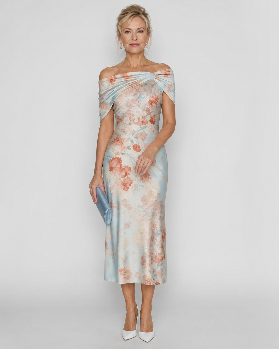Women's Off Shoulder Wedding Guest Midi Dress – Sky Blue