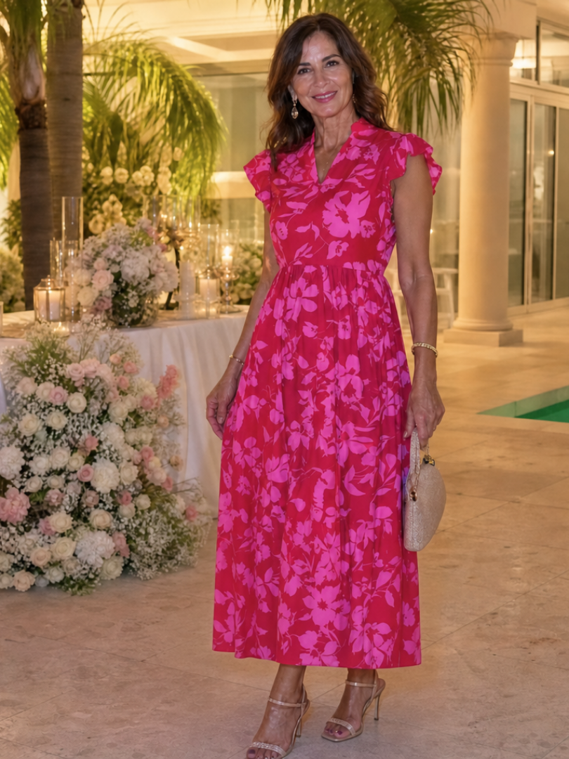 Women's V Neck Wedding Guest Midi Dress – Pink
