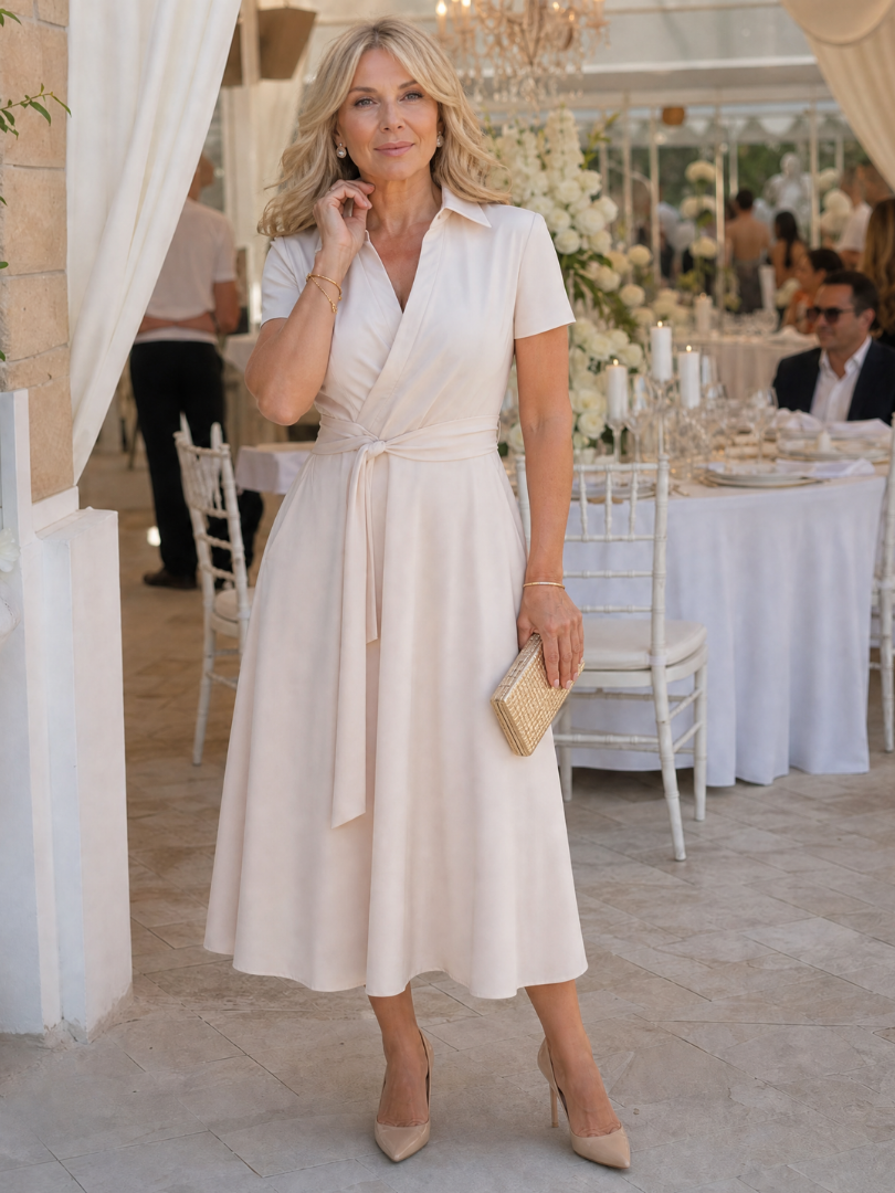 Women's Wrap Wedding Guest Midi Dress – Beige