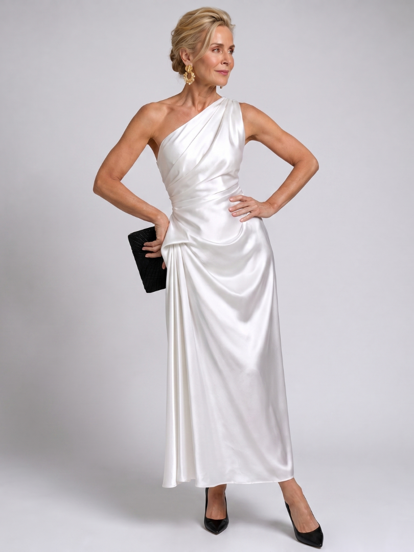 Women's One Shoulder Cocktail Midi Dress – White