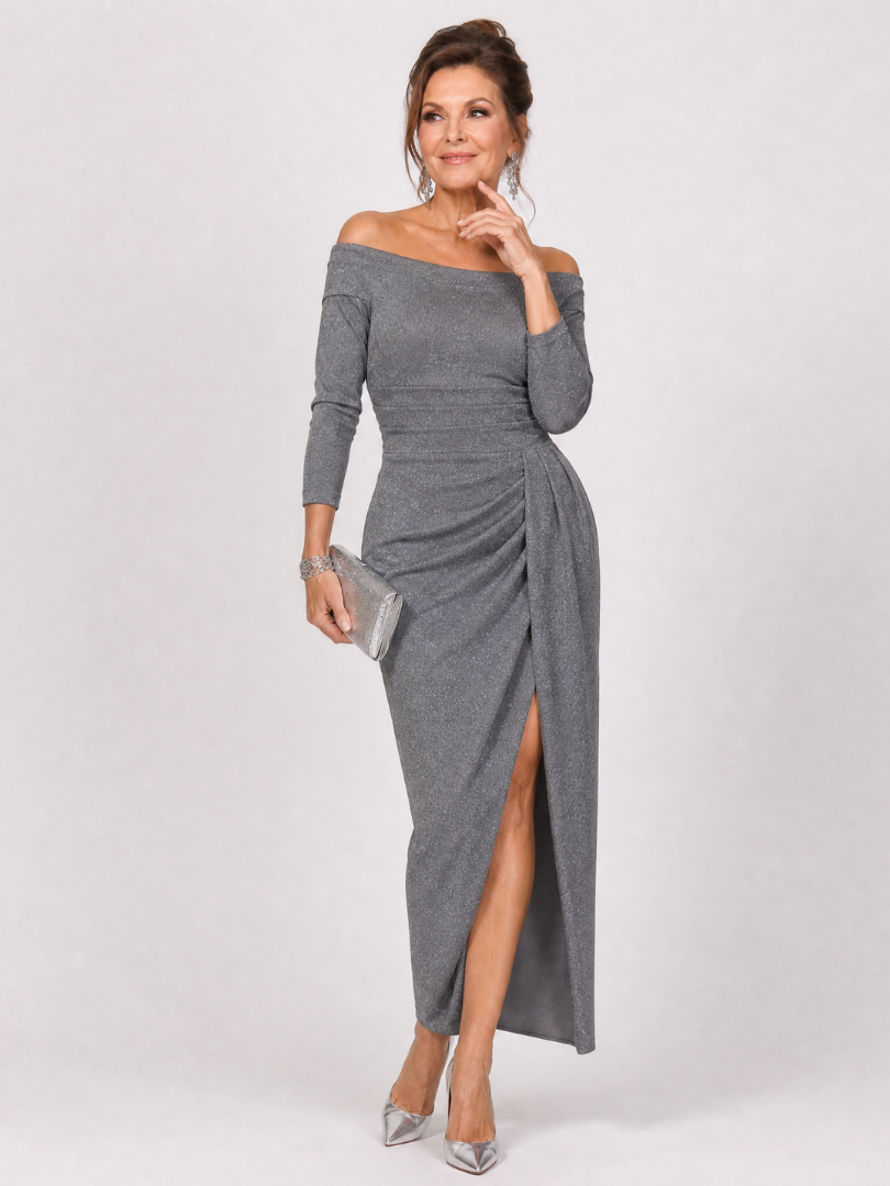Women's Off Shoulder Cocktail Midi Dress – Gray