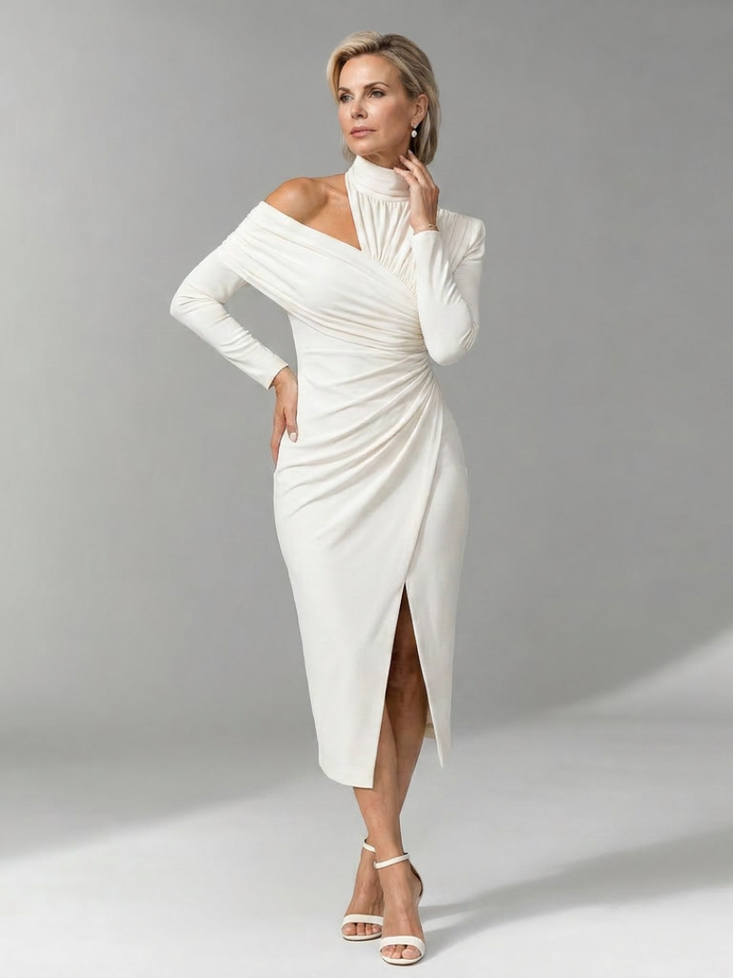 Women's One Shoulder Cocktail Midi Dress – White