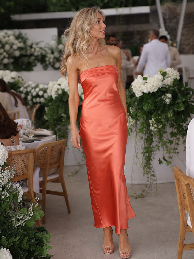 Women's Strapless Wedding Guest Midi Dress – Orange