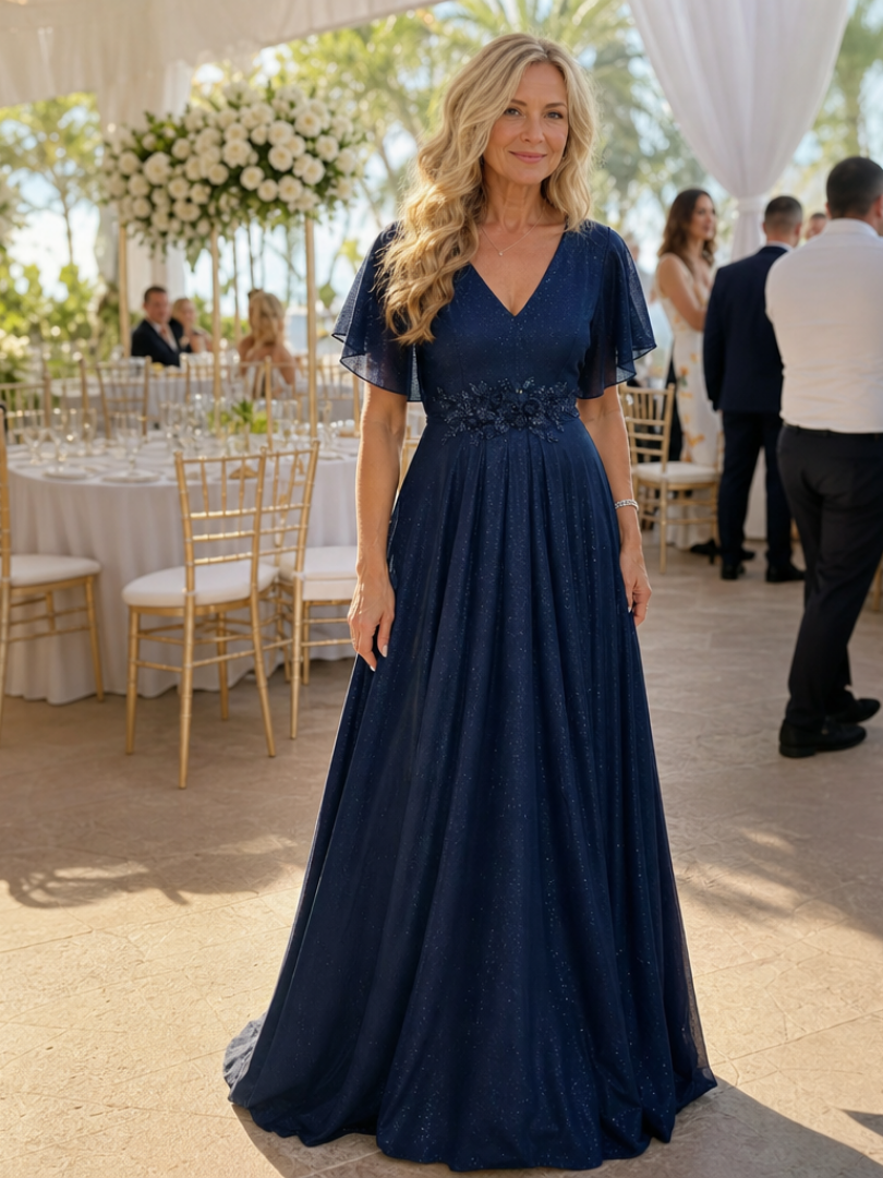 Women's V Neck Wedding Guest Maxi Dress – Navy