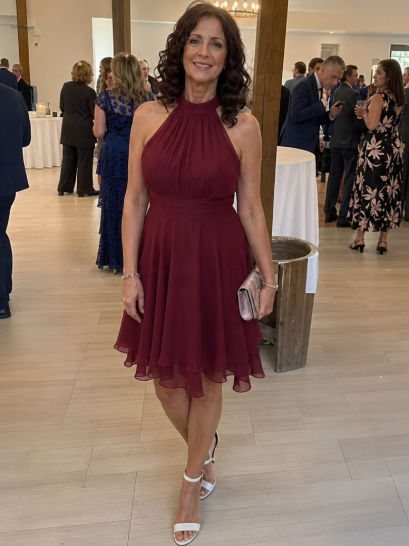 Women's Halter Wedding Guest Knee Length Dress – Burgundy