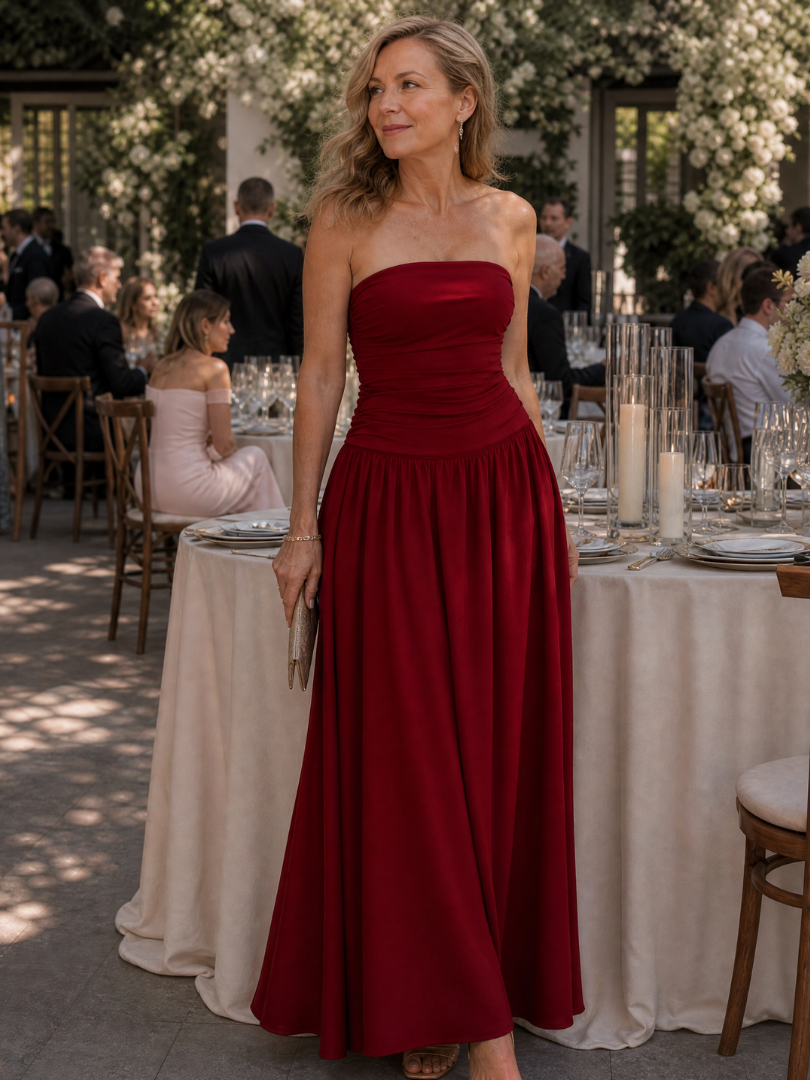 Women's Strapless Wedding Guest Midi Dress – Burgundy