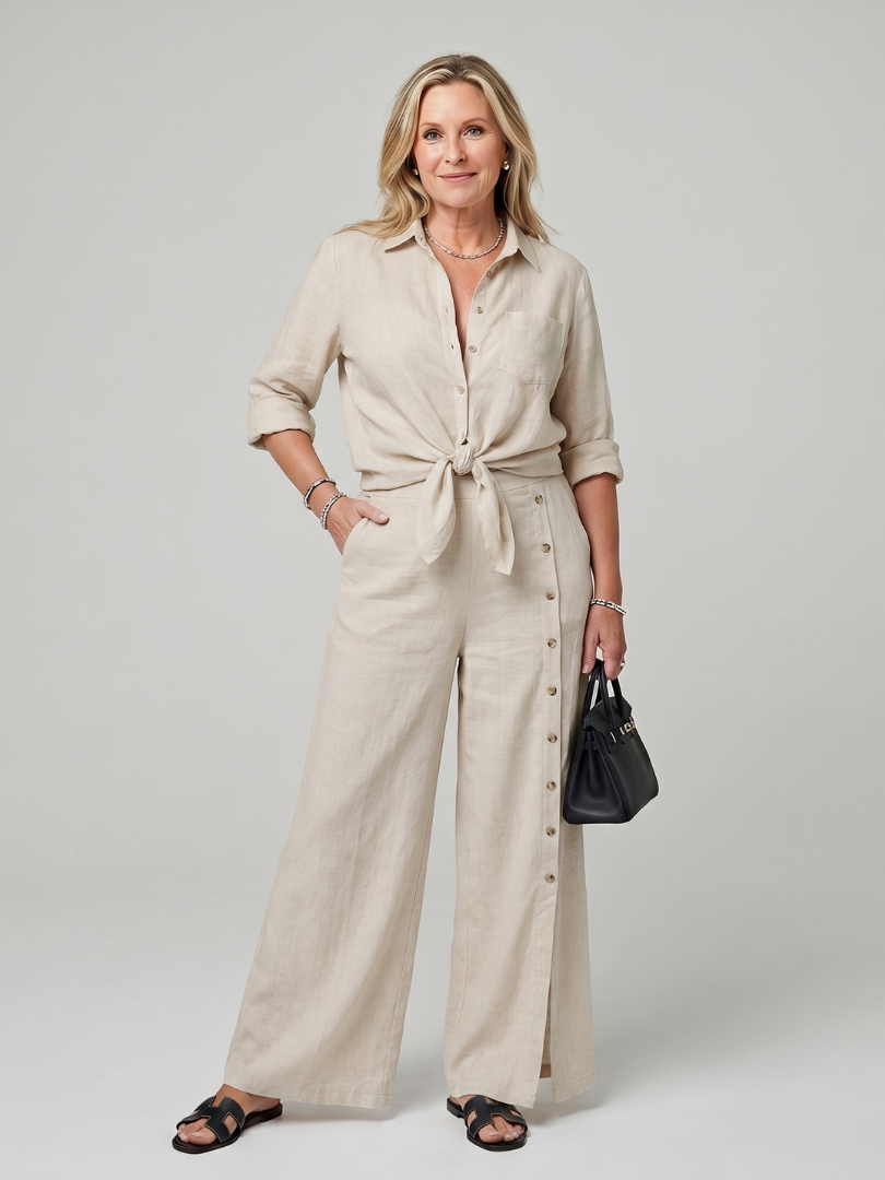 Women's Long Sleeve Summer Pants Set – Beige
