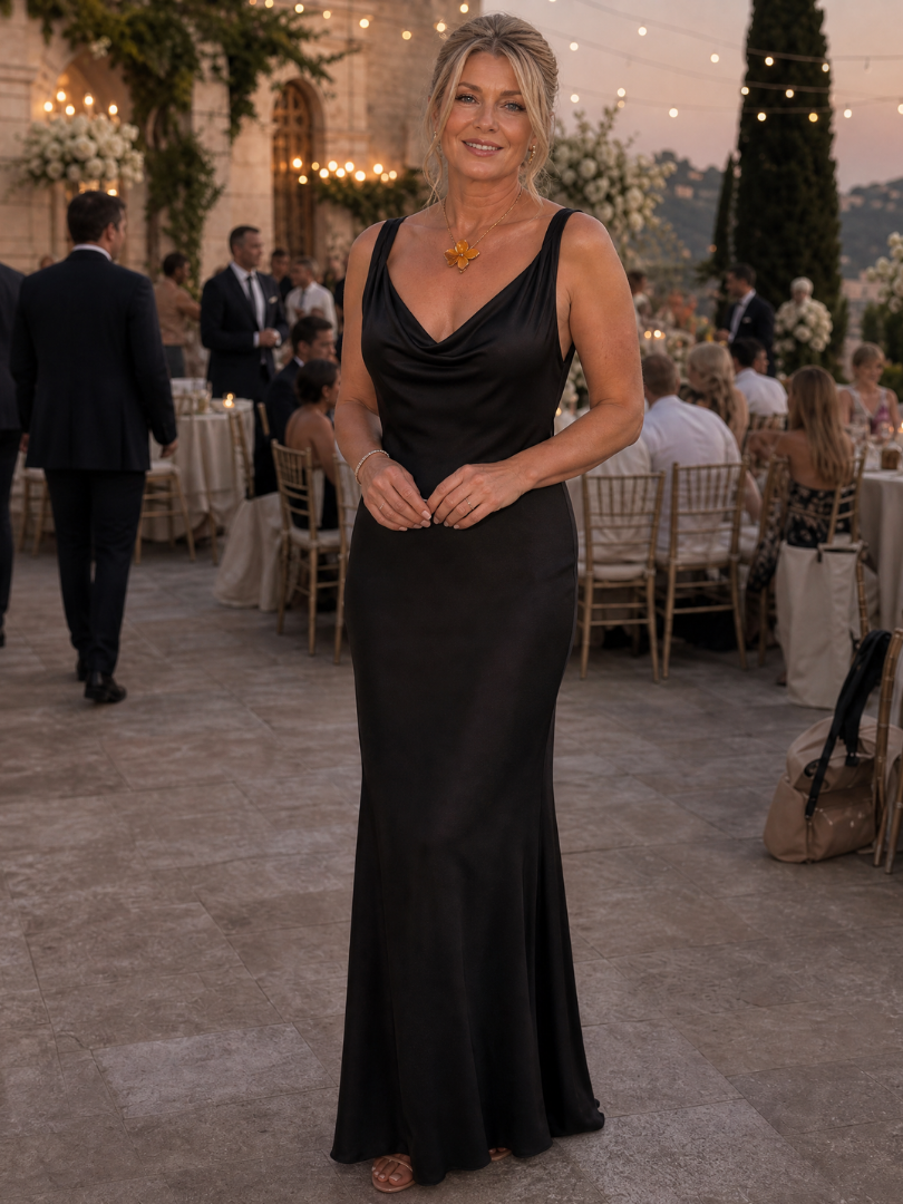 Women's Cowl Neck Wedding Guest Maxi Dress – Black