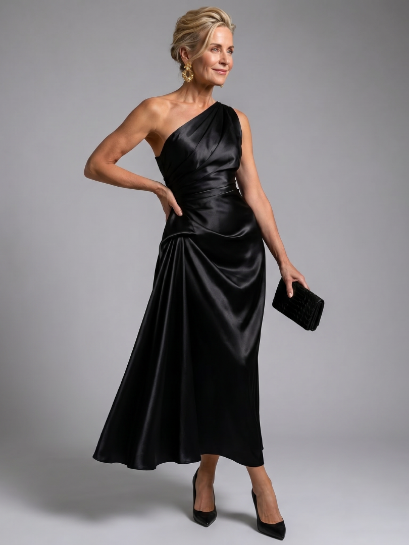 Women's One Shoulder Cocktail Midi Dress – Black