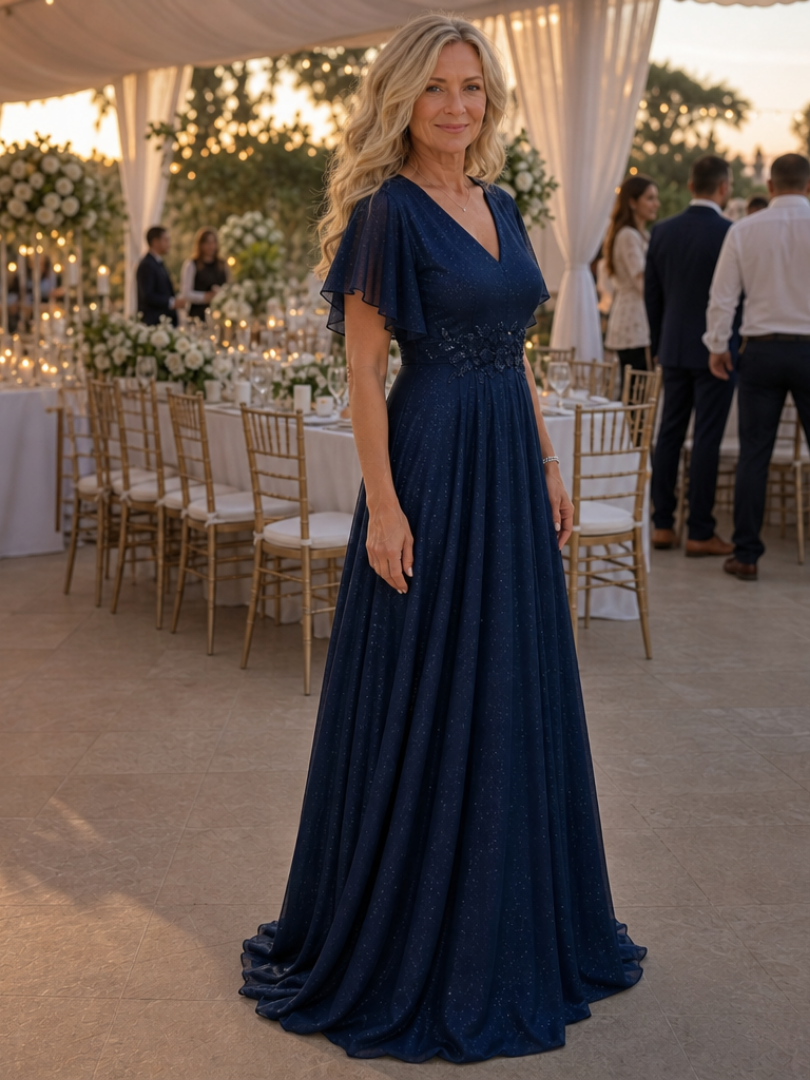 Women's V Neck Wedding Guest Maxi Dress