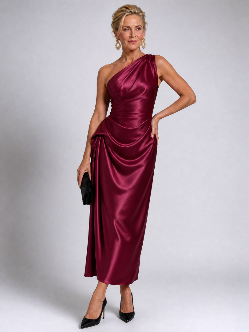 Women's One Shoulder Cocktail Midi Dress – Red
