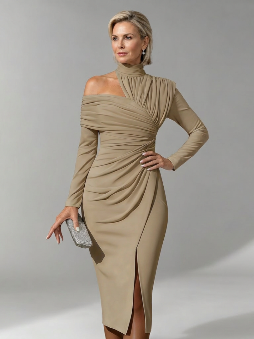 Women's One Shoulder Cocktail Midi Dress – Beige