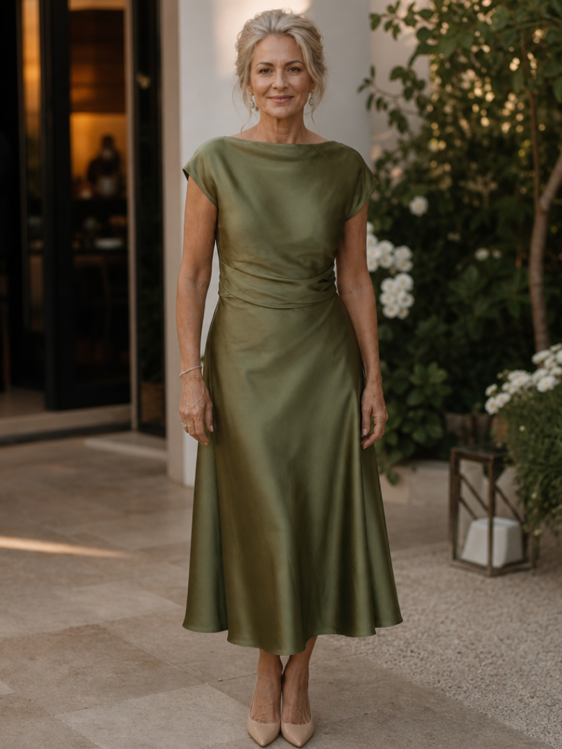 Women's Boat Neck Wedding Guest Midi Dress – Green