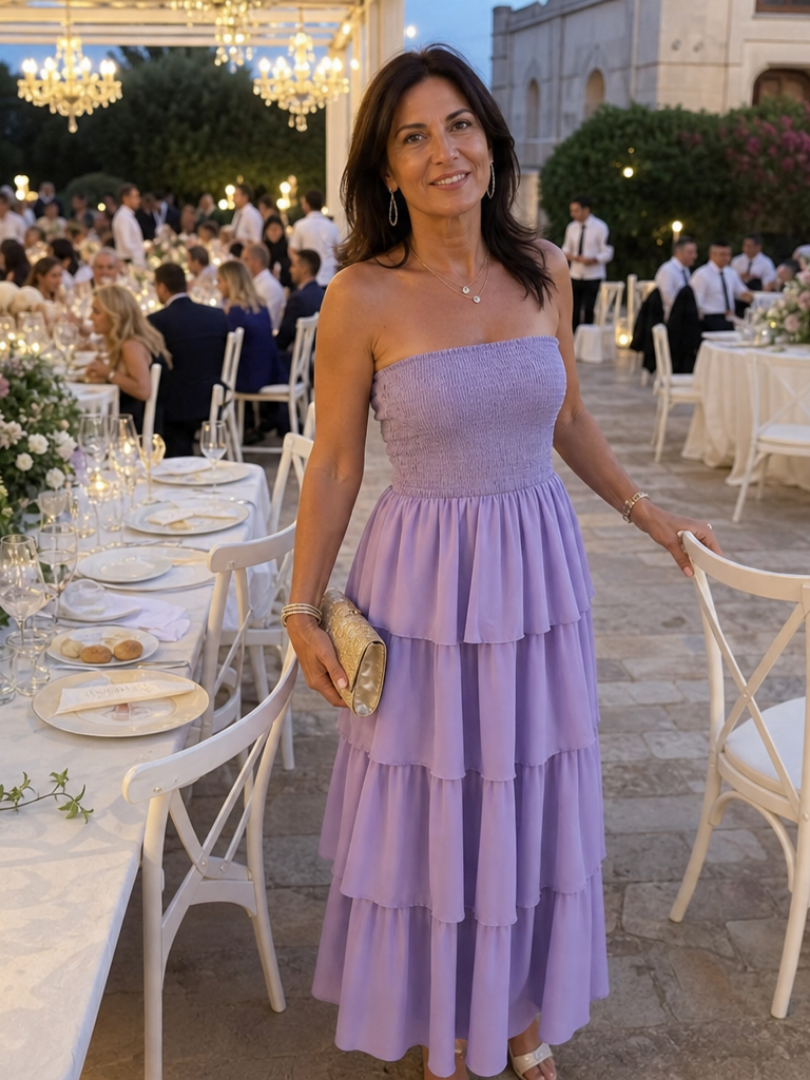 Women's Strapless Wedding Guest Midi Dress – Purple