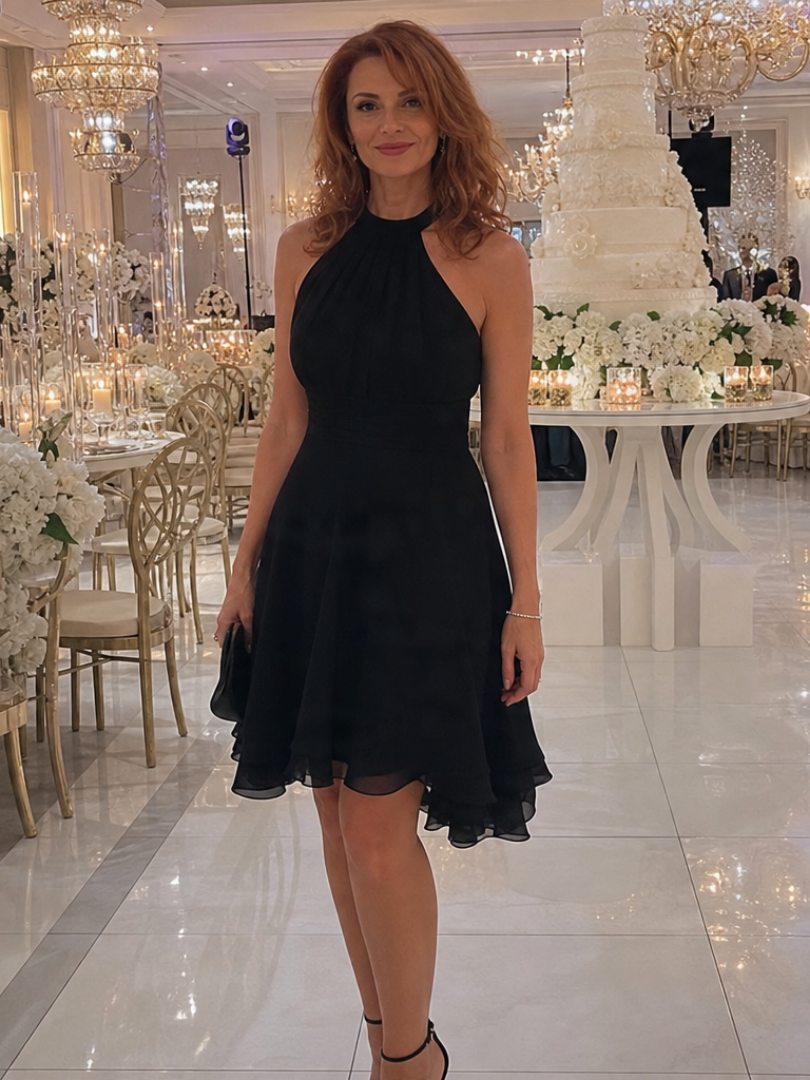 Women's Halter Wedding Guest Knee Length Dress – Black