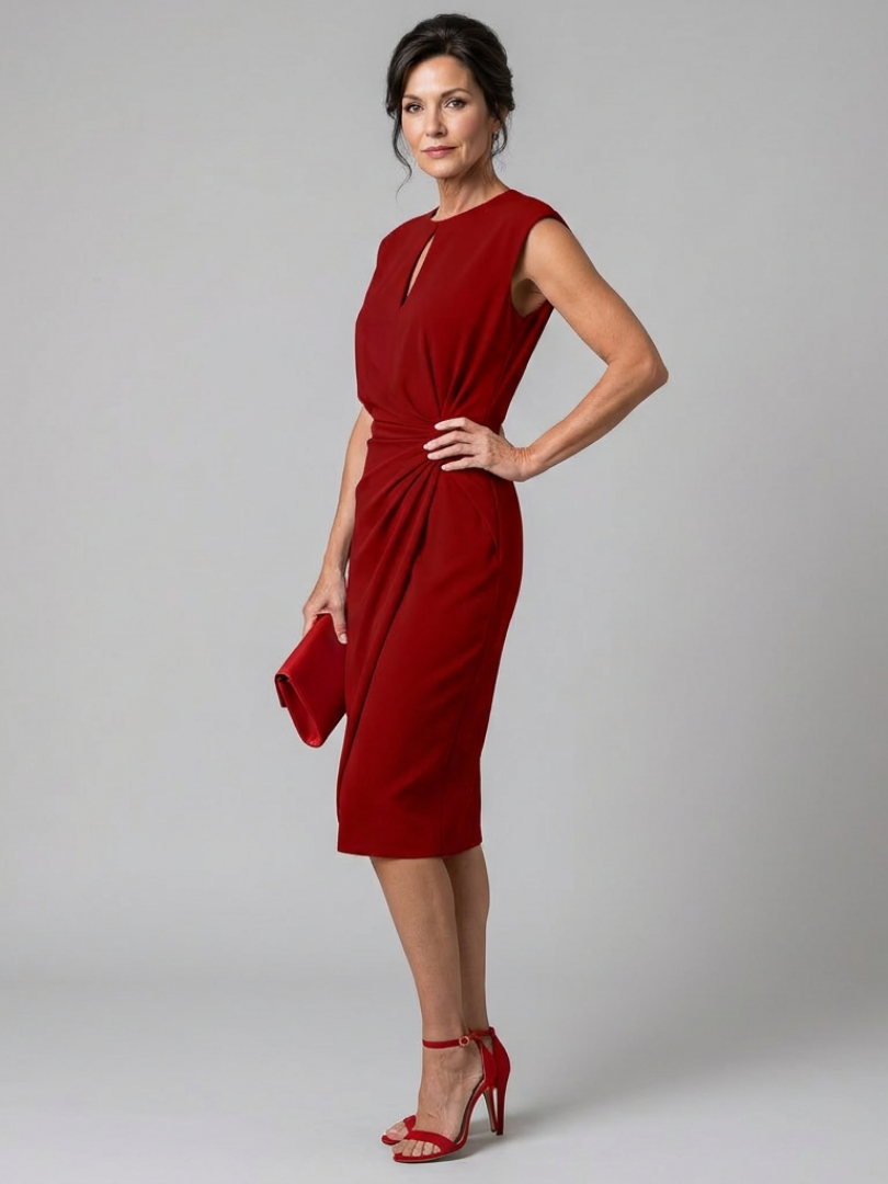 Women's Draped Cocktail Midi Dress – Red